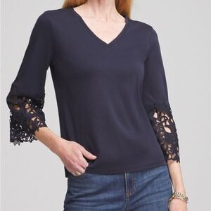 Chico’s SZ 0 Navy Blue Lace Appliqué Top